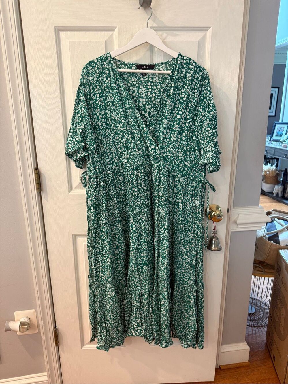 Ellos Green Ditsy Print Rayon Side Tie Faux Wrap Dress sz 16 EUC